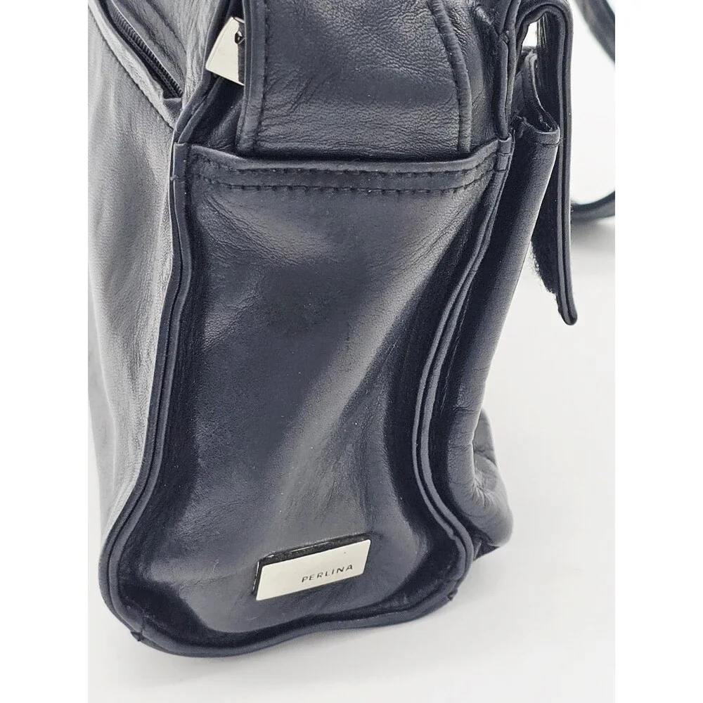 Perlina New York Leather Purse Black Shoulder Bag Pockets Vintage Designer